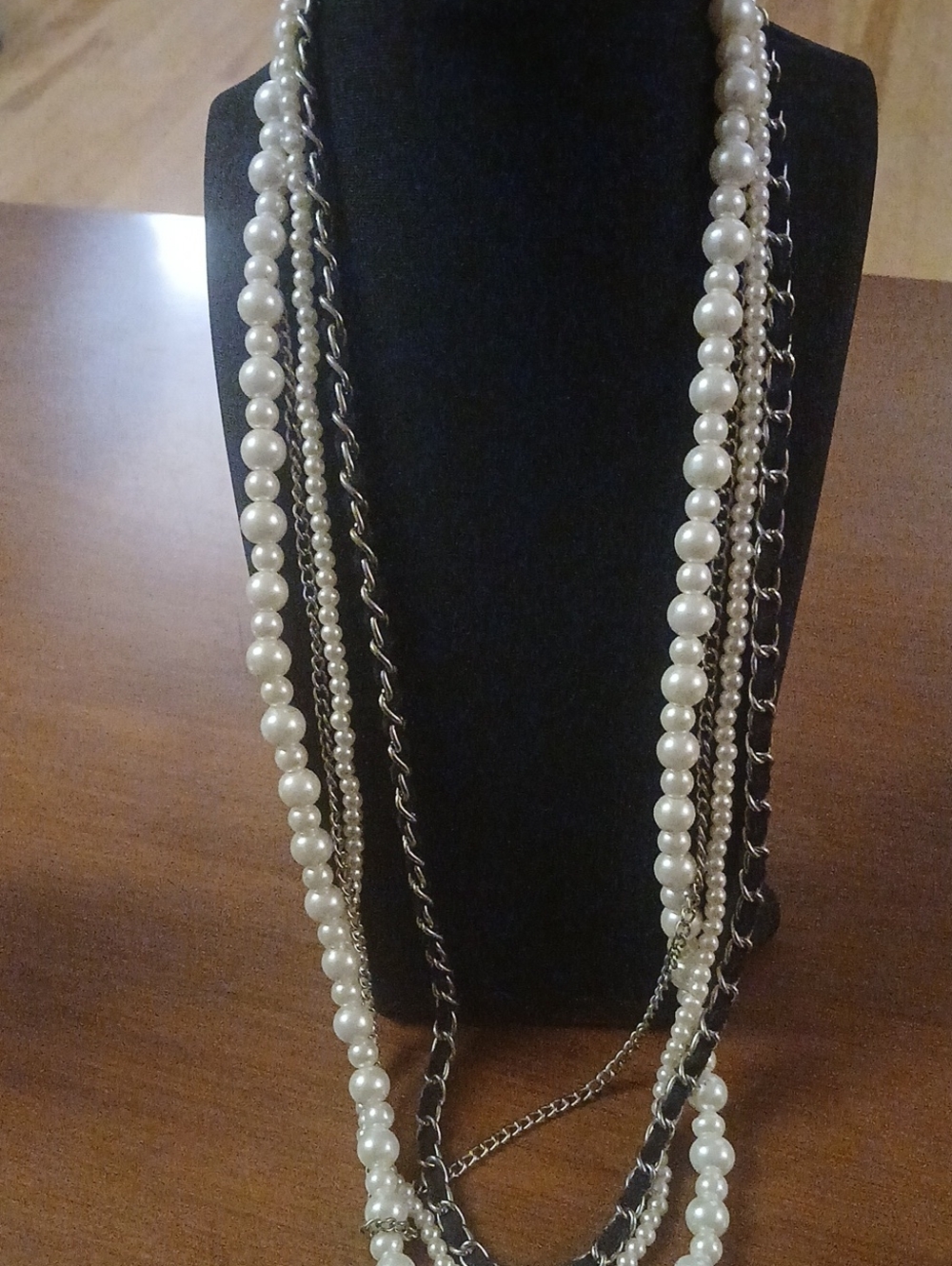 Multi-Strand Faux Pearl and Silver -Tone 24" Chain Necklace - White Cream